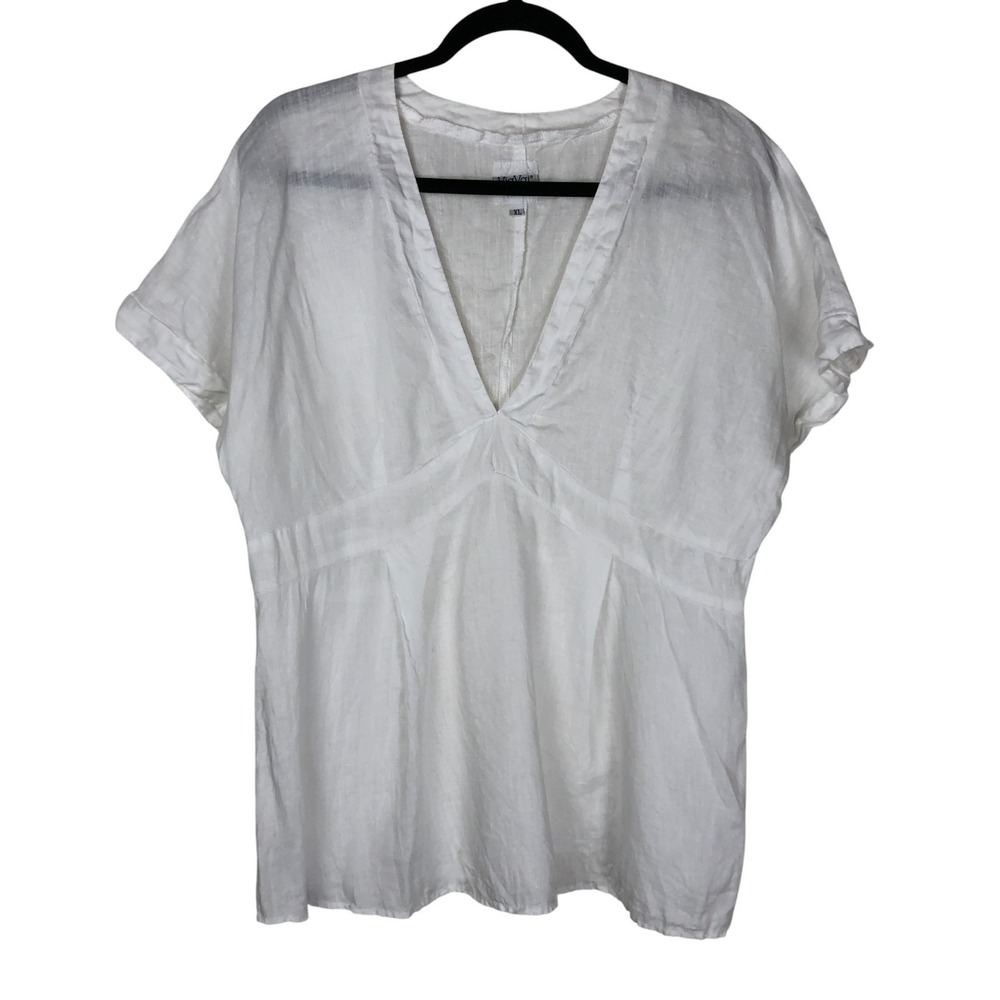 ViaVai by Pollero Womens Linen‎ Babydoll White V-Neck Shirt Size XL Beachy